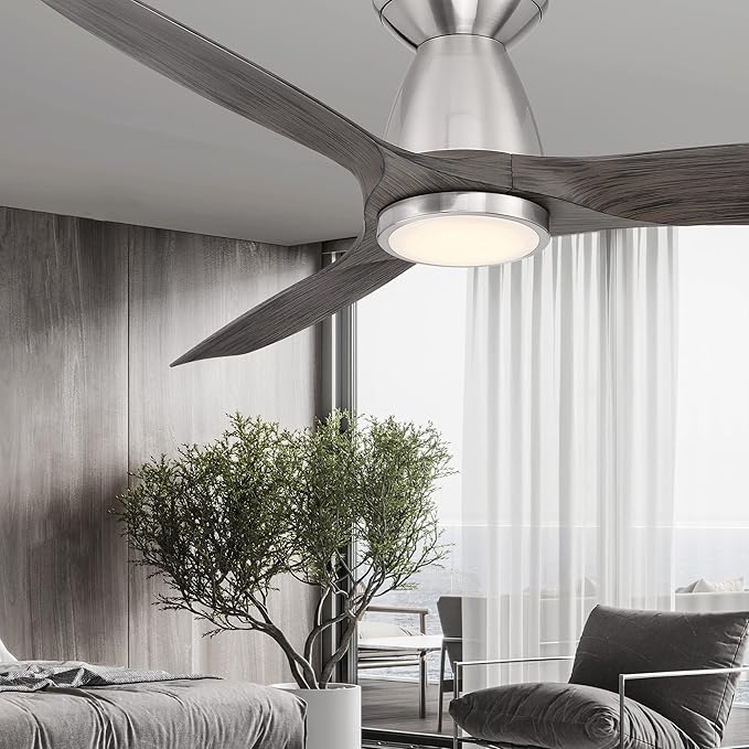 Skylark Smart Indoor and Outdoor 3-Blade Flush Mount Ceiling Fan 54in Brushed Nickel/Ebony Adjustable CCT 2700K-3000K-4000K-5000K LED Light Kit and Remote Control works with Alexa, iOS or Android App