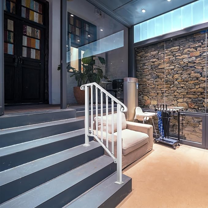 Adjustable Handrails for Outdoor Steps, Handrail Picket #2 Hand Rails for Outdoor 2 or 3 Steps, Mattle Wrought Iron Handrail, Stair Rail with Installation Kit for Outdoor Steps, White