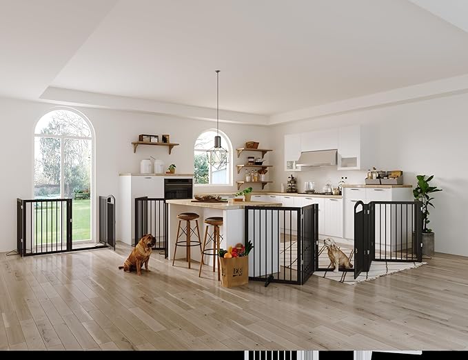 JSB 144-inch Extra Wide 30-inch Tall Dog gate with Door Walk Through, Freestanding Round Tube Pet Gate for Halls Stairs, Puppy Safety Dog Fence with 2PCS Support Feet (Black)