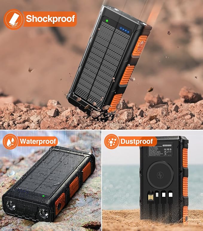GOODaaa Power Bank Wireless Charger 45800mAh Built in Hand Crank and 4 Cables 15W Fast Charging Power Bank 7 Outputs & 4 Inputs Solar Portable Charger, SOS/Strobe/Strong Flashlights, Compass