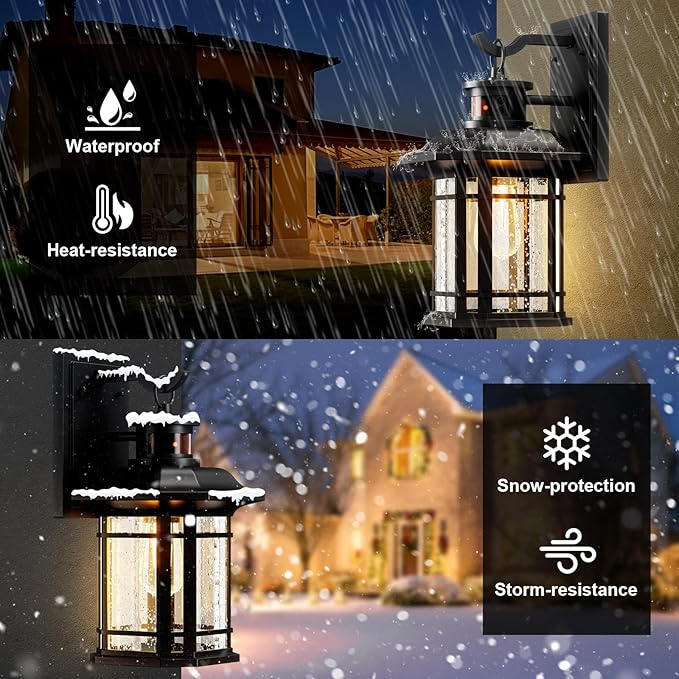 Motion Sensor Outdoor Lights 2 Pack, Black Dusk to Dawn Outdoor Lighting, Exterior Light Fixtures with 3 Working Modes, Wall Mounted IP65 Waterproof Lights for House Porch Patio