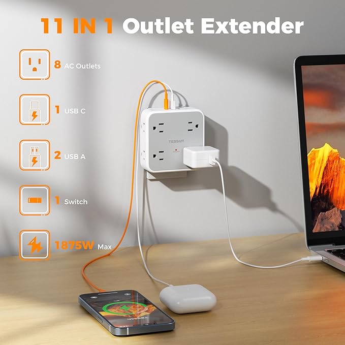 Multi Plug Outlet Extender, TESSAN Outlet Splitter with 8 Sockets and 3 USB (1 USB C), Wall Surge Protector with Power Switch, 3 Sided Multiple Wall Plug Extender for Home, Dorm Room, Office