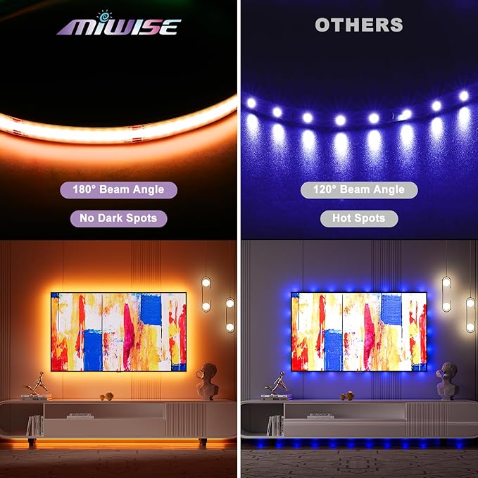 MIWISE RGB COB LED Strip Light 32.8ft/10m,Color Changing Dimmable Super Bright Strip Light 24V,Work with Alexa/Google Assistant/Tuya Multicolor Flexible Tape Light,for TV,Bedroom,Party DIY Decoration