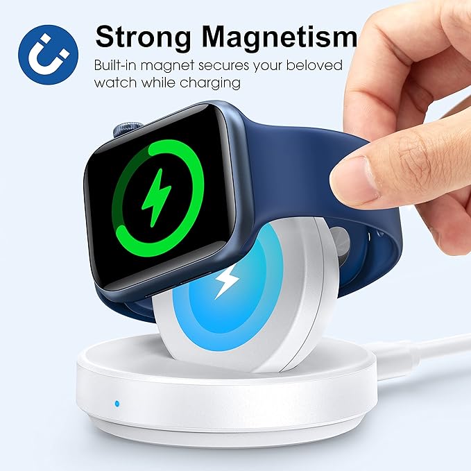 Charging Stand for Apple Watch, Magnetic Wireless Portable Watch Charger Stand with Charging Cord&Adapter Compatible with iWatch Series 10 9 8 7 SE 6 5 4 3 2/Ultra 2, Supports Nightstand Mode-White