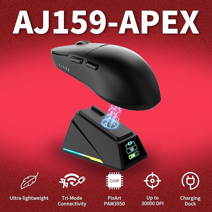 DAIDAI AJAZZ AJ159 APEX Wireless Gaming Mouse 2.4G Wired BT|RGB Magnetic Screen Charging Dock|Lightweight|42K Optical Tracking|400mAh Battery |PAW3950APEX Sensor.