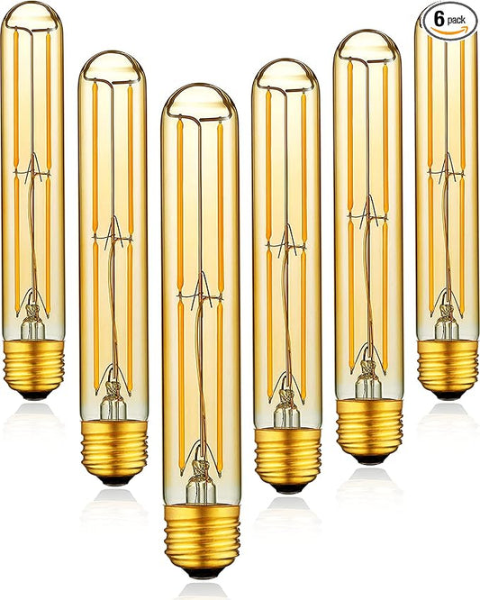 T10 Dimmable LED Tubular Bulb, Amber Long Tube Edison Light Retro Bulb, 6W, 60W Equivalent, Warm White 2700K, E26 Medium Base, Pendant Lighting Wall Sconces,Vanity 6 Pack