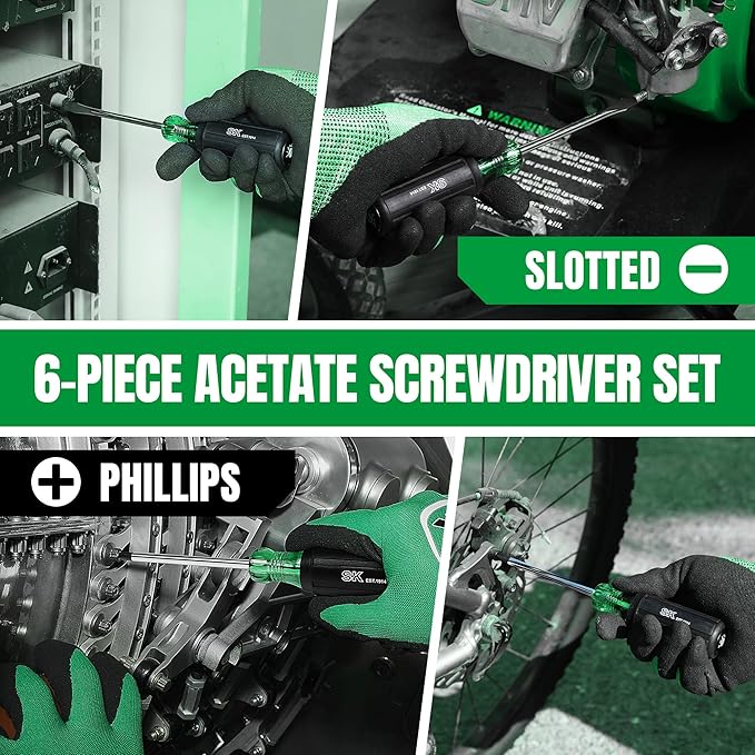 SK 6-Piece Acetate Screwdriver Set, S2 Steel, 3 Slotted & 3 Phillips Screwdrivers, SureGrip Handle