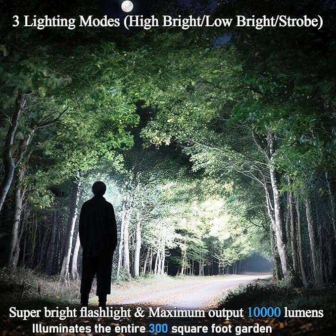 Flashlight High Lumens - 10000 Lumen, Rechargeable 5000mAh with LCD Power Display, IPX7 Waterproof, 3 Modes & Zoomable (1500m), Belt Clip for Camping, Hiking, Emergency