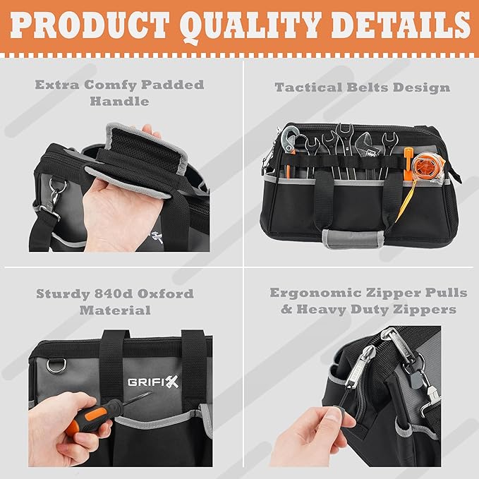 16-inch Tool Bag, Portable Tool Box Organizer Storage, Wide Mouth Tool Tote Bag with Large Zipper, 17-Pocket Adjustable Shoulder Strap and Ergonomic Handle (16" Molded Base)