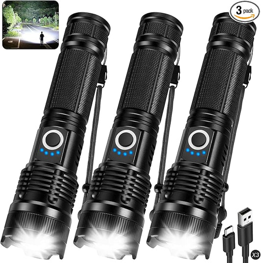 3 Pack Rechargeable Flashlights High Lumens, 99000LM Super Bright LED Flashlight, Adjustable Powerful Flash Light with 5 Modes & USB Cable, Waterproof Handheld Flashlight for Home Camping Outdoor