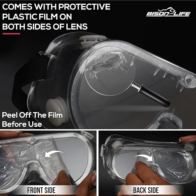 BISON LIFE Clear Anti-Fog Safety Goggles, Chemical Splash Resistant, Adjustable Strap, Anti-Scratch Eye Protection Glasses