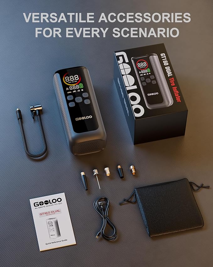 GOOLOO GT160 DUAL Tire Inflator Portable Air Compressor, 4X Faster Dual Cylinder & Upgraded Color LED Screen Portable Air Pump for Car Tires, Auto Shut-off Electric Bike Tire Pump with Pressure Gauge