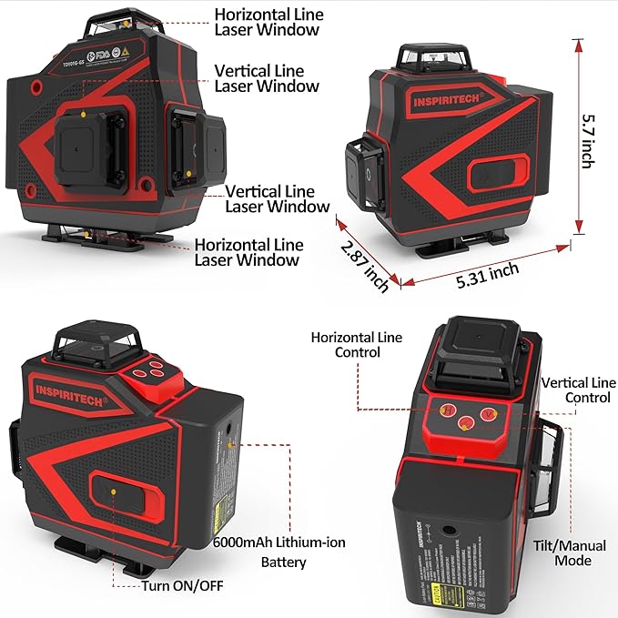 Tile Laser Level 360 Self Leveling - Floor 4 x 360 Green Beam Cross Line Laser Leveler Tool - 16 Lines Ceiling Nivel Laser for Construction - Hard-Sided Case and 2 Batteries