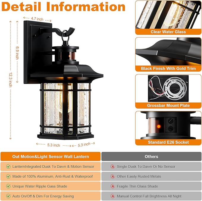 Motion Sensor Outdoor Lights 2 Pack, Black Dusk to Dawn Outdoor Lighting, Exterior Light Fixtures with 3 Working Modes, Wall Mounted IP65 Waterproof Lights for House Porch Patio