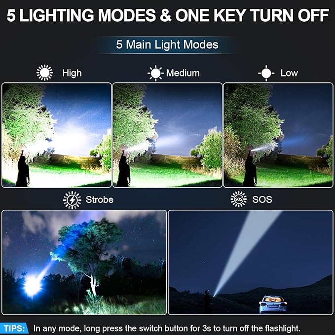 Rechargeable Tactical Flashlights High Lumens - Super Bright LED Powerful Flash Light, Waterproof Handheld USB C Flashlight for Camping,Emergencies,Home,5 Modes,Zoomable (1, Black)