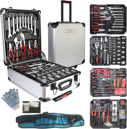 Arcwares 799pcs Aluminum Trolley Case Tool Set Silver, House Repair Kit Set, Household Hand Tool Set, with Tool Belt,Gift on Father's Day (Silver)