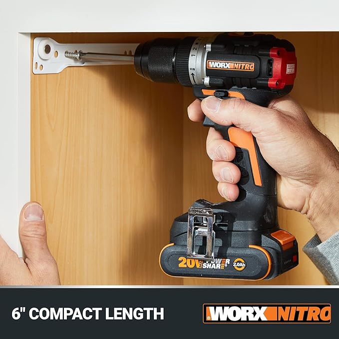Worx Nitro 20V Cordless 1/2" Drill Driver With Brushless Motor, Compact & Lightweight Set Only 6" and 3 lbs., Power Share Compatible WX130L.9 Tool Only
