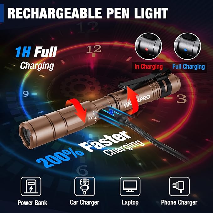 WORKPRO Rechargeable Pen Light, Mini Flashlight, 2 Pack Ultra-Compact EDC Flashlight, Pocket Flashlight with Clip, Memory Function and 2 x USB C Cable Included, Brown