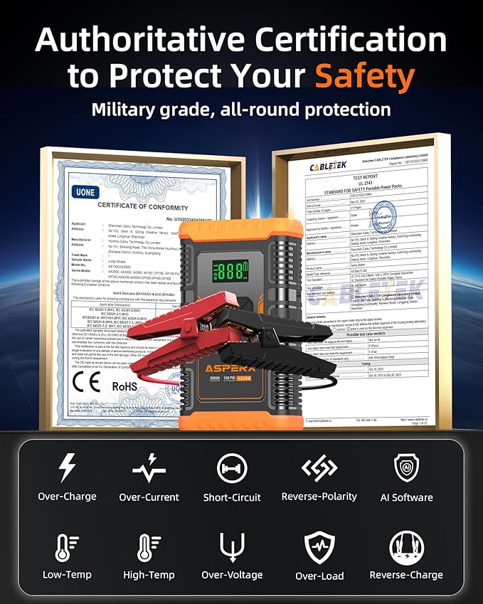 ASPERX Jump Starter with Air Compressor,【Upgrade & Safety Certs】10L Gas/8L Diesel(Almost All Cars) 12V Jumper Box Car Battery Jumper Starter Portable with Tire Inflator, Jumper Cables, Display & Light