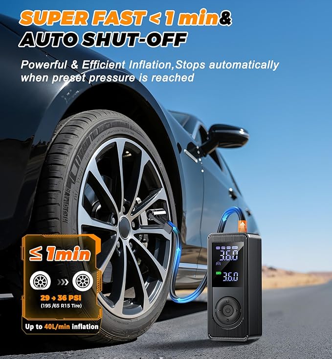 Tire Inflator Portable Air Compressor - 180PSI 5X Fast Inflation Rechargeable Battery & 12V DC Adapter Powered Air Pump for Car Bike Motorcycle Tires Balls with LCD Display, LED Light, Pressure Gauge