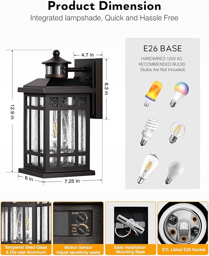 Motion Sensor Outdoor Wall Light, Oil Rubbed Bronze Dawn to Dusk Outdoor Light Fixture, Aluminium Anti-Rust Porch Lights Wall Mount, Outside Lights for House Garage Patio Entry Front Door