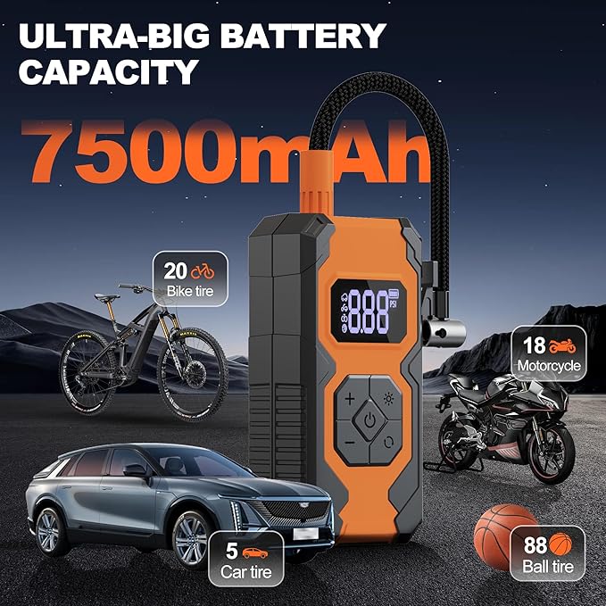 Tire Inflator Portable Air Compressor,3X Faster Portable Air Pump for Car Tires with 7800mAh Battery,150PSI Cordless Air Pump with Digital Pressure Gauge for Cars,Bike &Motorcycle,Black+Orange