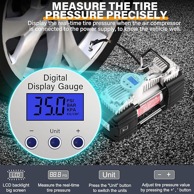 GSPSCN Portable 12V Air Compressor Pump Digital Display Tire Inflator with LED Flashlight, Heavy Duty Dual Cylinder Tire Pump 150 PSI with Locking Air Chuck for Auto,SUV,Off-Road,Truck,RV,Bike etc