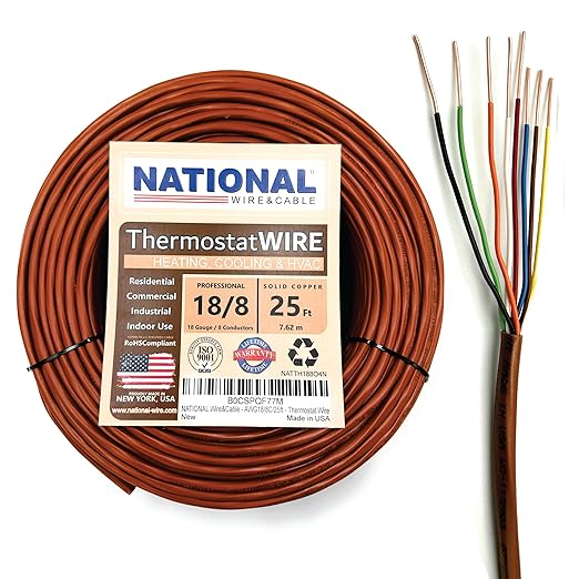 18/8 25Ft. NATIONAL Wire&Cable Thermostat Doorbell HVAC Heating Control Professional Cable Wire - Made in USA - 100% Solid Copper Conductors, CL2 ETL Listed, Low Voltage Applications Use
