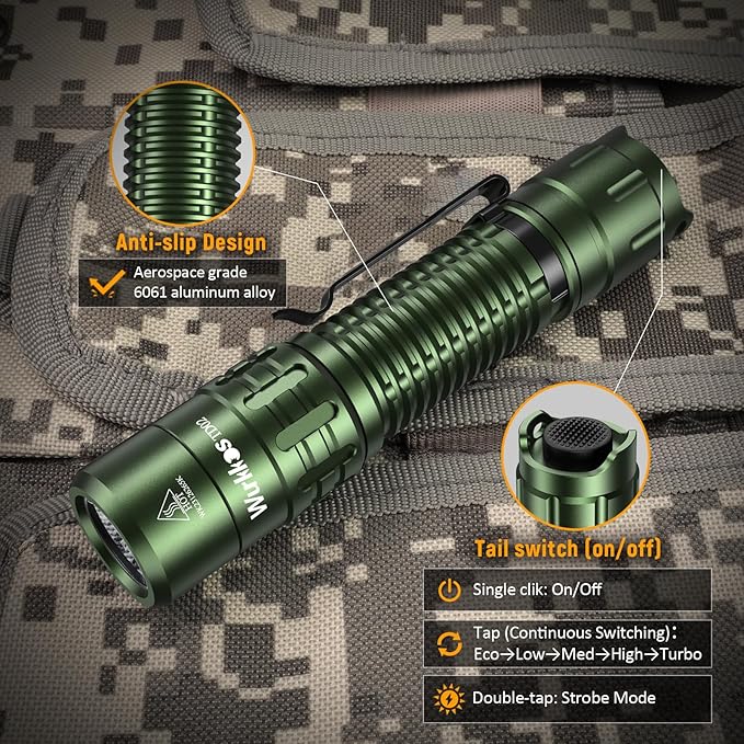 Wurkkos TD02 LED Flashlight, 2000 High Lumens Tactical Flashlight, Rechargeable Flashlights with 6 Modes, Super Bright Flashlight with Tail Switch, IP68 Waterproof Flash Light for Camping, Emergency