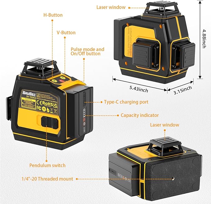 Laser Level 360 Self Leveling, SAVSEC 3 x 360 3D Stepless Dimming(Up to 37H) Green Line Laser, Cross Line Laser Leveler Tool for Construction and Picture Hanging, Rechargeable Battery