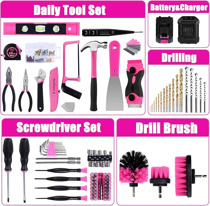 Tool Kit with 20V Cordless Drill(265in-lbs), Pink Drill Set for Women, Lady's Home Tool Kit for DIY, Daily Repair Tool Set as a Creative Gift with a Large-Capacity Tool Storage Bag