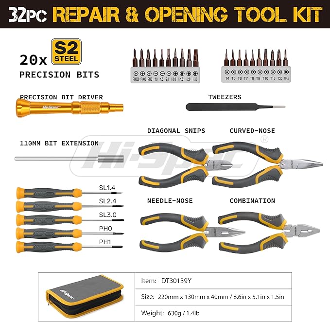 Hi-Spec 32pc Electronics Repair & Opening Tool Kit Set for Laptops, Phones, Devices, Computer & Gaming Accessories. Precision Small Screwdrivers with Pentalobe Bits for iPhones & MacBooks