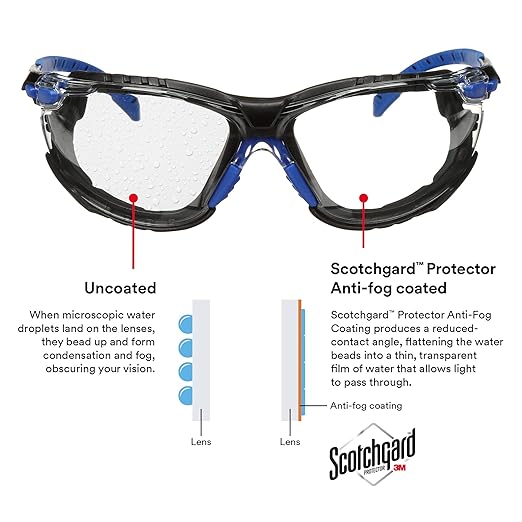 3M Safety Glasses, Solus 1000 Series, ANSI Z87, Scotchgard Anti-Fog, Clear Lens, Blue/Black Frame, Removable Foam Gasket and Strap