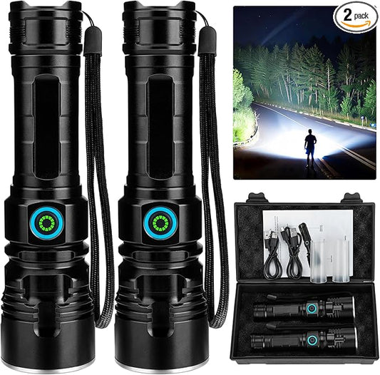 Rechargeable Flashlights 90000 High Lumens - 2 Pack, 12 Hours Powerful LED Flash Light with Multiple Light Modes, Super Bright & IPX5 Waterproof Torch for Camping, Home, Emergencies