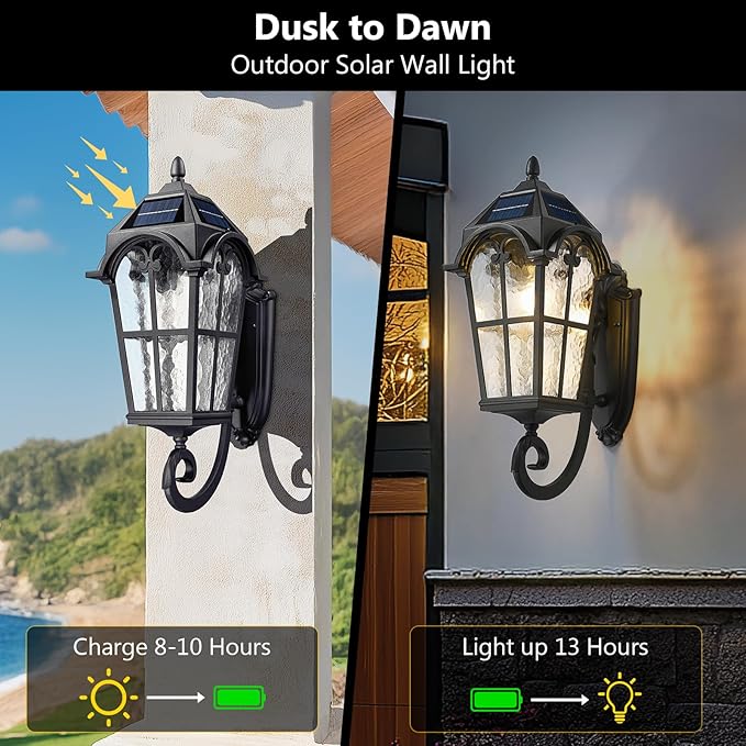 Emliviar Exterior LED Solar Wall Sconce with Remote Control, 24'' Front Door Wall Lantern with Water Glass Shade, Waterproof Solar Black Wall Light with E26 Bulb, YXE302MB-SL BK