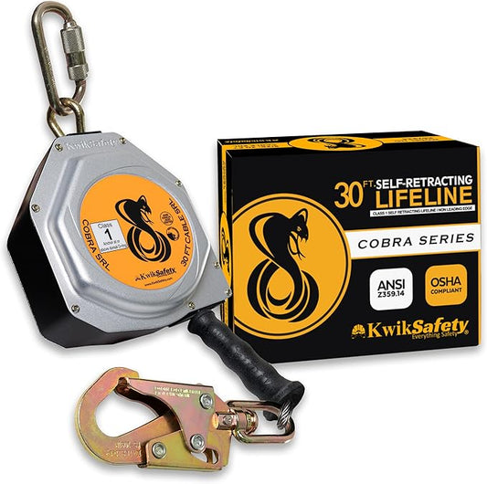 KwikSafety - Charlotte, NC - Cobra 30' Self Retracting Lifeline [NO Tangle Steel Cable] Class 1 SRL ANSI OSHA Retractable Fall Arrest Safety Construction Roofing PPE Gear