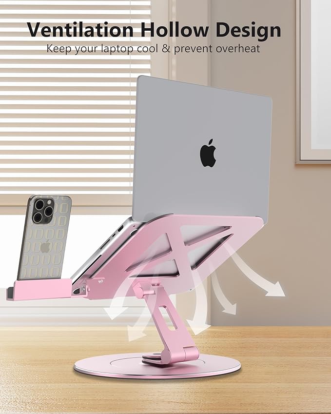 Ultra-Stable Aluminumy Swivel Laptop Stand for Desk with Rotating Foldable Phone Holder, 300% Larger Base, Stylish Computer Stand for Women, Men Office, Fits 10-17.3" Laptops, Pink