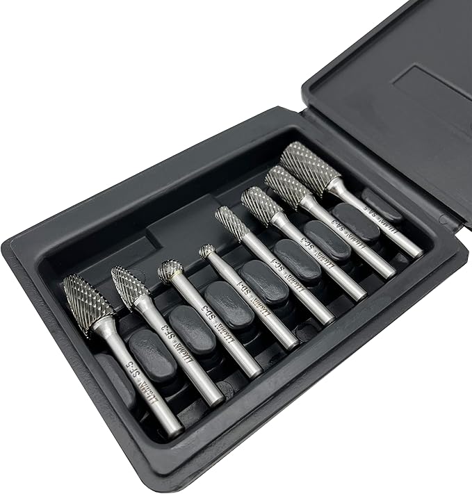 Carbide Burrs Set 8pcs with 1/4" Shank Double Cut Solid Carbide Rotary Burr Set for Die Grinder Drill,Metal Carving, Polishing,Engraving,Drilling