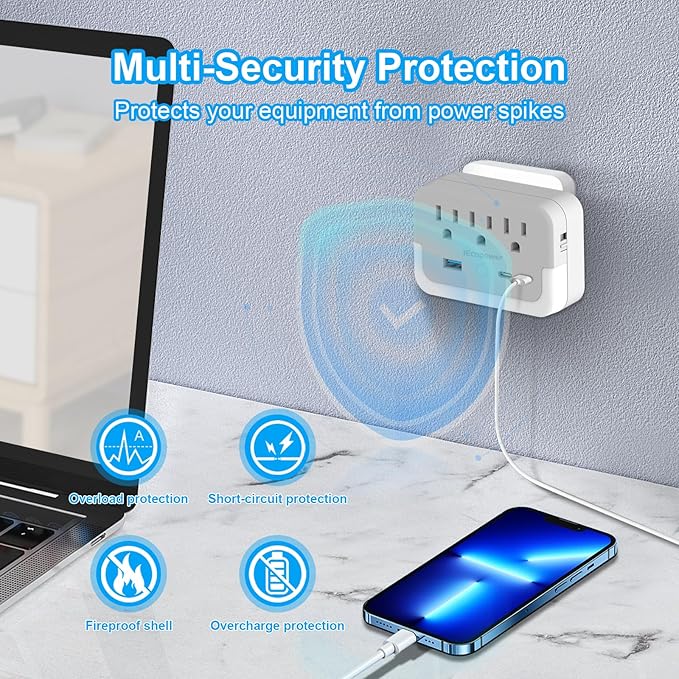 Portable Outlet Extender with Light Sensor lamp,Power Strip with 3 Outlet and 3 USB Ports(2 USB-C Ports && 1 USB-A Port Total 15.5W/3.1A).Multi Plug Wall Outlet for Home Travel Office-White