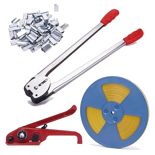 Banding Strapping Kit - Pallet Packaging Strapping Tool with Sealer Tools, 328' Length x 1/2" Wide, 100 Metal Seals Included - Durable Poly Strapping Kit a