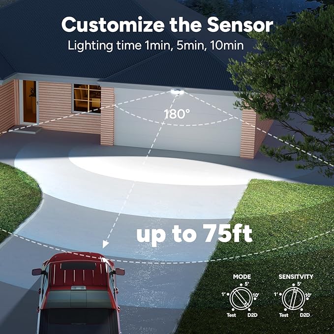 OREiN 10000LM Flood Lights Outdoor, 180°/75FT Motion Sensor Outdoor Lights 4 Modes Dimmable Dusk to Dawn Floodlights IP65 Waterproof for 8000SQ.FT Area for Big Patio, Driveway, Black (Hardwired)