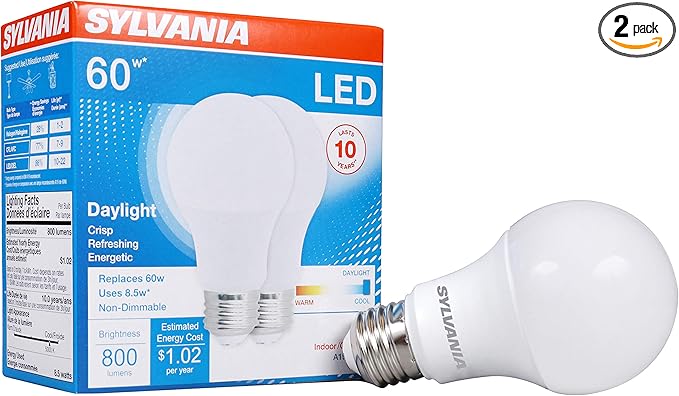 SYLVANIA LED Light Bulb, 60W Equivalent A19, Efficient 8.5W, Medium Base, Frosted Finish, 800 Lumens, Daylight - 2 Pack (79282)