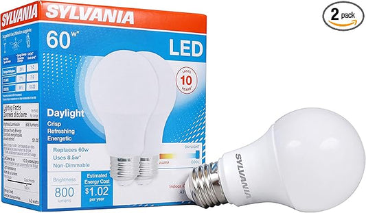 SYLVANIA LED Light Bulb, 60W Equivalent A19, Efficient 8.5W, Medium Base, Frosted Finish, 800 Lumens, Daylight - 2 Pack (79282)