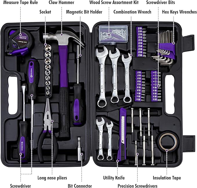 Cartman 148-Piece Automotive and Household Tool Set Perfect for Car Enthusiasts and DIY Home Repairs Purple