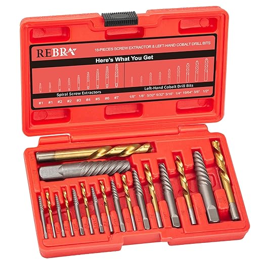 Screw Extractor Set, 37# Cr-Mo & 6542 HSS Steel Cobalt Left-Hand Drill Bit, Easy Out Broken Bolt Remover Reverse, Ez Out Stripped, Rounded-Off, Damaged Bolts, Screws&Studs Removal Tool (18-Pieces)