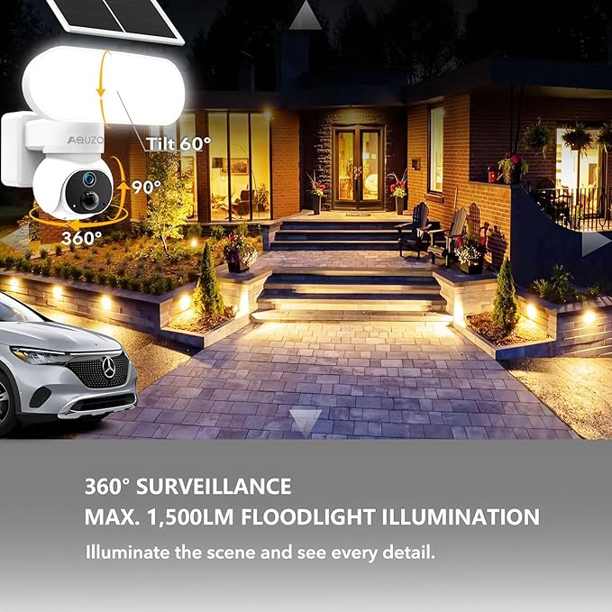 Solar Wireless Outdoor Security Camera Built-in 1500LM Flood Light - 2K HD PTZ with 360° View, Color Night Vision, Human Motion Sensor, 2-Way Audio, Weatherproof, 64GB Local Recording, No Monthly Fees