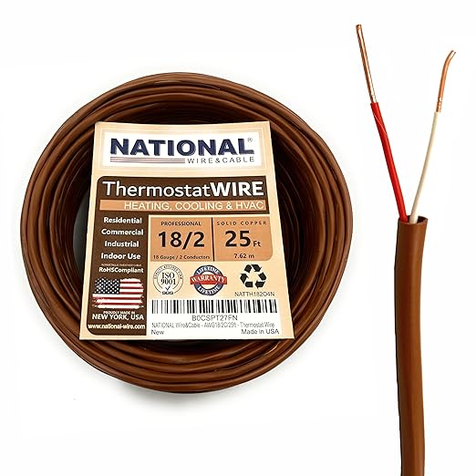 18/2 25Ft. NATIONAL Wire&Cable Thermostat Doorbell HVAC Heating Control Professional Cable Wire - Made in USA - 100% Solid Copper Conductors, CL2 ETL Listed, Low Voltage Applications Use