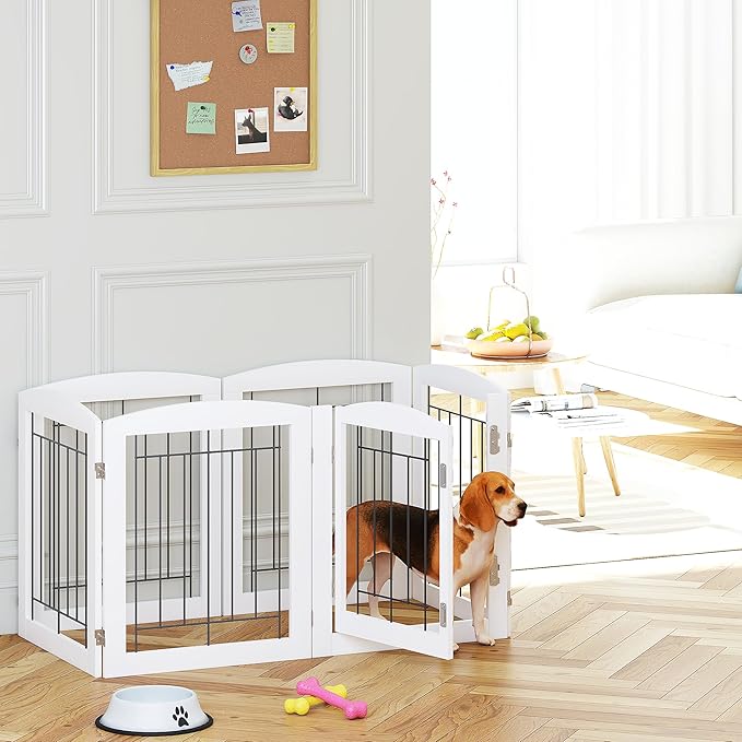 PAWLAND Dog Gate Indoor with Walk Through Door, Foldable Free Standing Pet Gate for Doorways, Stairs, The Houes, Pet Puppy Safety Fence, 120 in Extra Wide, 6 Panels, Support Feet Included, White