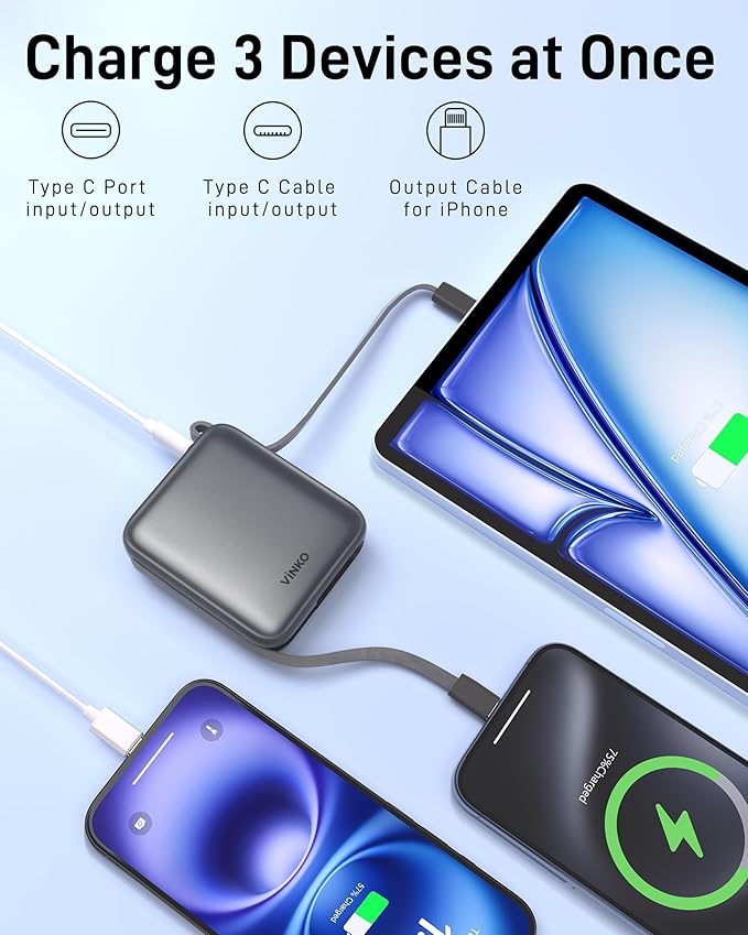VINKO Small Portable Charger, 22.5W Fast Charging Mini Power Bank 10000mAh with Built-in Cables LED Display, Travel Essential USB-C Battery Pack Compatible with iPhone,Samsung,Android (Gray)