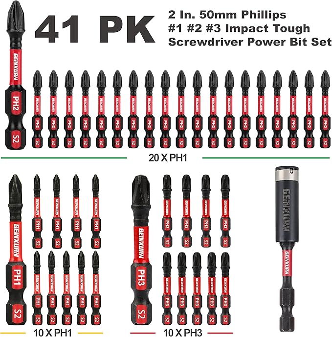 Anti-slip Hex Impact Tough Magnetic Screwdriver Bits Set 2 in. PH1/PH2/PH3 Insert Driver Bits,40Pack 1/4 Inch Hex Shank Phillips Cross Screwdriver Bits Set with 1Pcs Impact Bit Holder